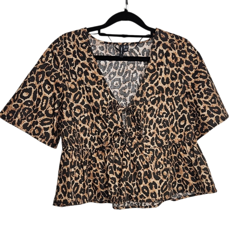 Vero Moda Leopard Print Tie Front Peplum Top, Size XS, NWOT - Picture 3 of 8